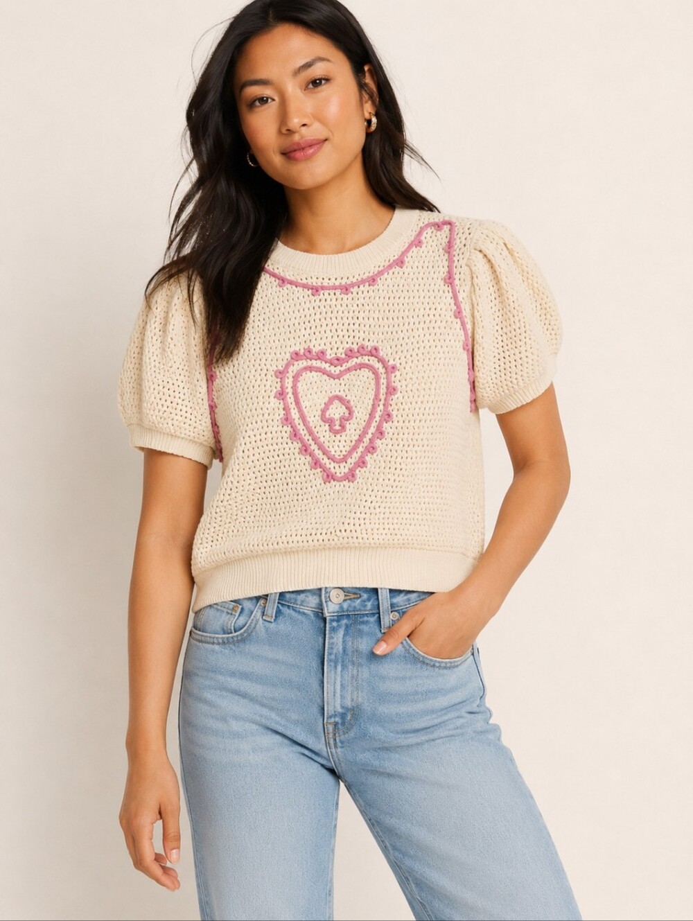 ❤️ VESTIQUE PUFF SLEEVE ACE OF HEARTS SWEATER TOP, LARGE